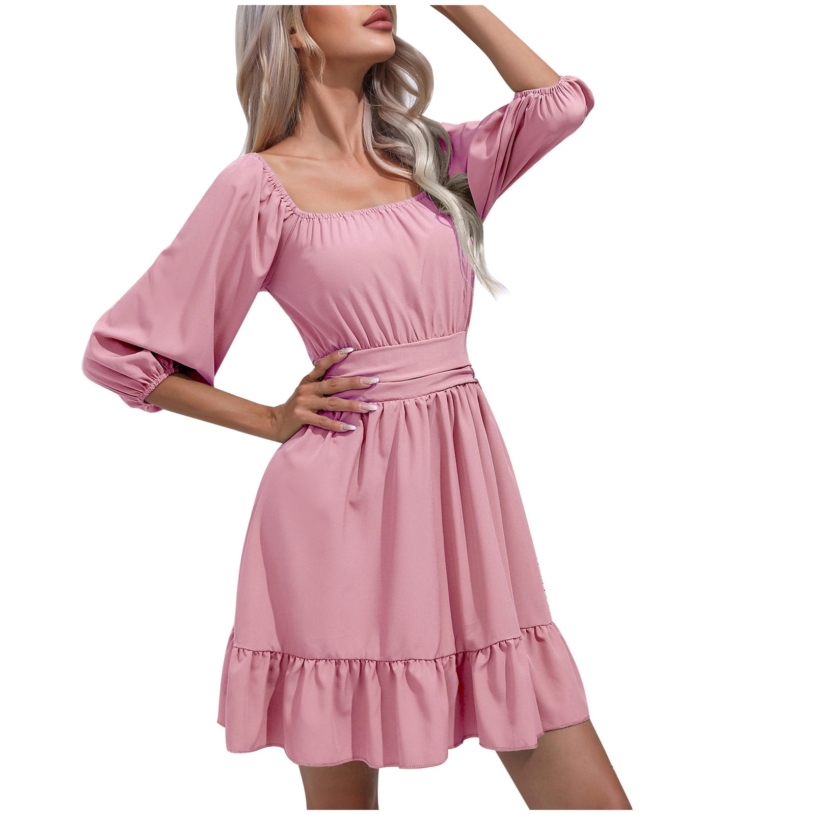 Quyuon Summer Mini Dresses for Women Square Neck 3/4 Sleeve Flowy Babydoll Mini Short Beach Dress Pleated A-Line Ruffle Swing Tunic Dresses Club Party