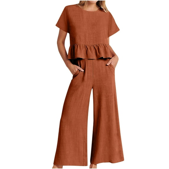 QUYUON Summer Outfits for Women 2 Piece Linen Pants Set Crew Neck Short Sleeve Ruffle Crop Tank Tops High Waisted Wide Leg Pants with Pockets Two Piece Loungewear Sets Style TW-413 Orange XL