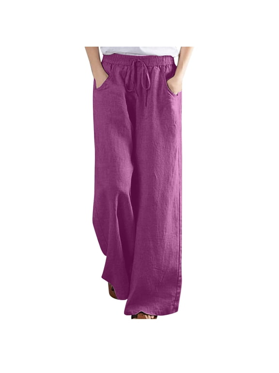 Summer Pants for Women Solid Color Elastic Waist Cotton Linen Dressy Pants Straight Tube Casual Wide Leg Pants Women Workout Pants Full Pant Leg Length Track Pants Pant Style N-4997 Purple XL