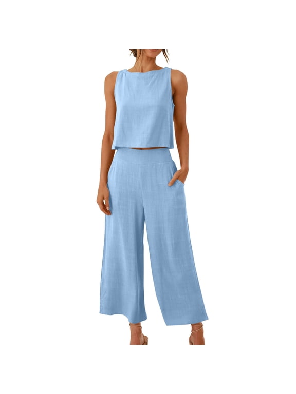 Summer Sets Women 2 Piece Outfits 2PC Womens Two Piece Outfits Pants Sets Summer Round Neck Sleeveless Crop Tank Tops and Elastic Waist Cropped Wide Leg Pants Sets with Pockets