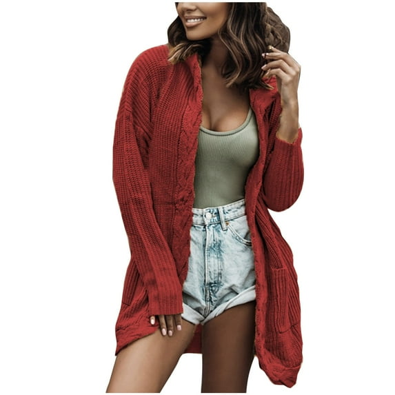 QUYUON Sweater Cardigan Women Discount Long Sleeve Womens Long Cardigan Sweaters Polyester Patterned Cardigans Women Pockets Cardigan Jacket Style Q-7292 Winter Knit Sweater Outerwear Coat Wine 3XL