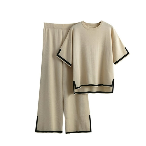 QUYUON Sweater Sets Women 2 Piece Lounge Sets Short Sleeve Knit Pullover Tops Wide Leg Pants Side Split Two Piece Summer Outfits Crew Neck Sweatshirt Matching Set Beige One Size