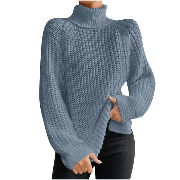 QUYUON Sweaters for Women Turtleneck Long Sleeve Cable Knit Sweaters Side Split Hem High Low Tunic Sweater Knitted Pullover Jumper Tops Casual Loose Winter Warm Sweater Light Blue XXL