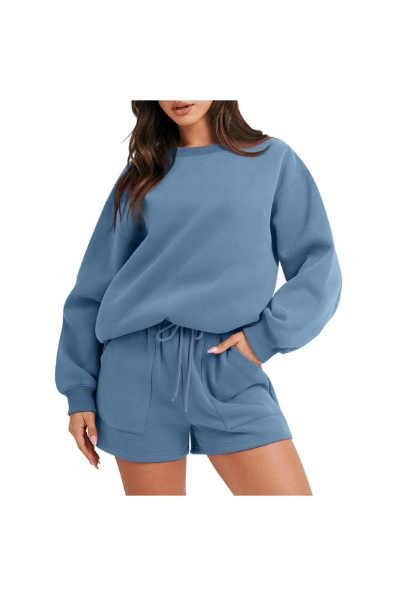 Sweatshirt and Shorts Set Clearance Women 2 Piece Outfits Long Sleeve Pullover Tops and Shorts Suit Drawstring Elastic Waist Shorts Sweater Sets Two Piece Women’s Sweatsuit Blue M