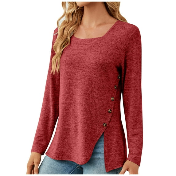 QUYUON Sweatshirts Women Trendy Clearance Crew Neck Sweatshirts Women Polyester Long Sleeve Crew Neck Solid Blouse Tops Style S-3002 Lightweight Ladies Sweatshirts Athletic Fit Shirts Red M