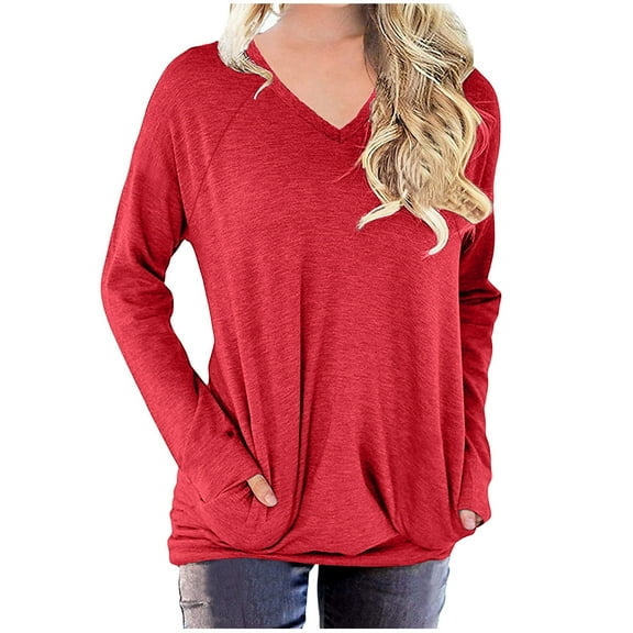 QUYUON Sweatshirts Women Trendy Winter Crewneck Sweatshirts Graphic Polyester Long Sleeve V-Neck Solid Blouse Tops Style S-709 Breathable Winter Sweatshirts Ladies Straight Fit Shirts Red 3XL