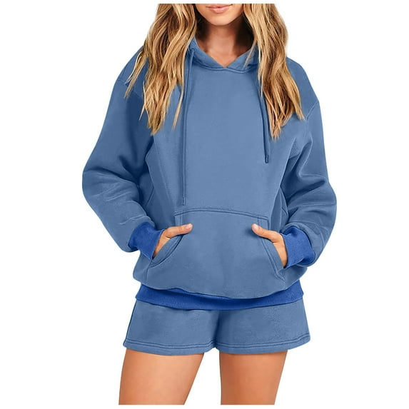QUYUON Sweatsuits for Women Set 2 Piece Hoodies Sets Casual Long Sleeve Drawstring Hooded Sweatshirts Pullover Tops and Shorts Sets Two Piece Outfits Tracksuit Blue L