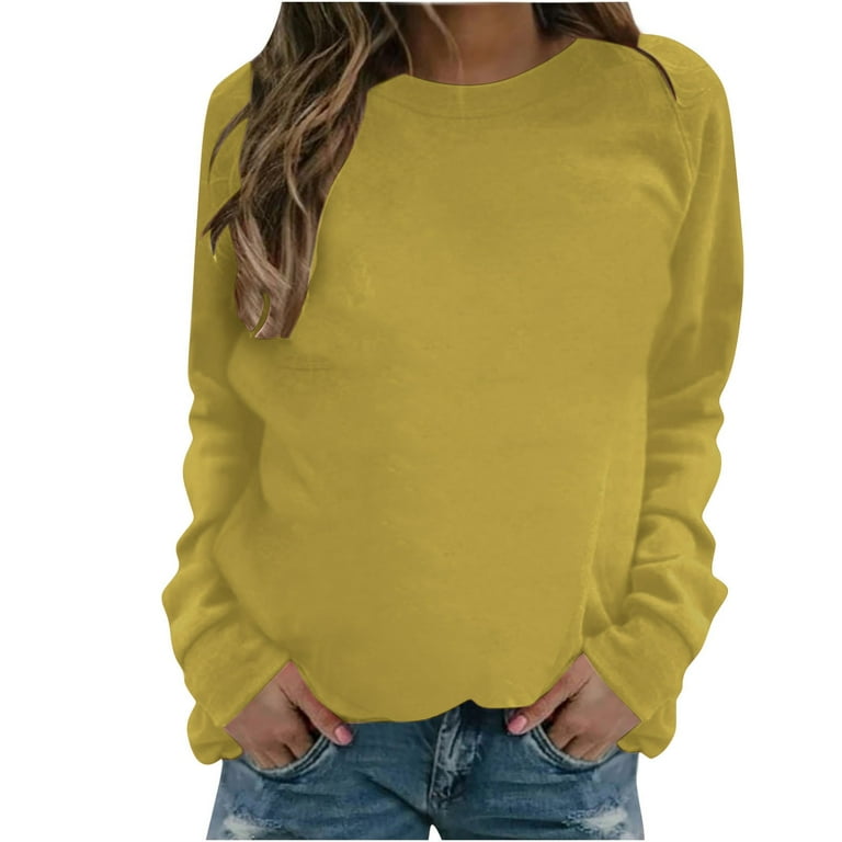 QUYUON Thick Sweatshirts for Women Clearance Women Pullover Sweatshirt  Polyester Long Sleeve Crew Neck Solid Color Pullover Tops Style S-2112  Stretch Sweat Shirts Ladies Long Sleeve Shirts Yellow M 
