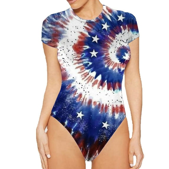 QUYUON Thong Bodysuit for Women One-Piece Bodysuit Summer Short Sleeve Crew Neck T Shirt Bodysuit Jumpsuits Fashion Rompers Women's Printed Bodysuit Tops Leotard Clothing , Style 966 Blue M