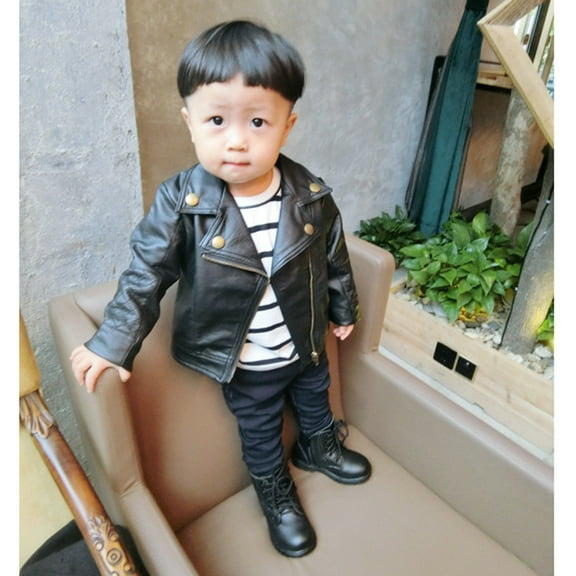 QUYUON Toddler Bomber Jacket Clearance Long Sleeve Faux Leather Jacket Winter Girl Boy Kids Baby Outwear Leather Coat Short Jacket Clothes Black 2T-3T