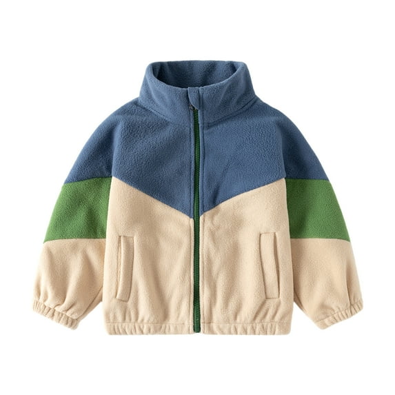QUYUON Toddler Boy Fleece Jacket Baby Boys Color Block Lightweight Zip up Long Sleeve Hight Neck Jackets Winter Warm Coat Outerwear with Pockets Beige 2T