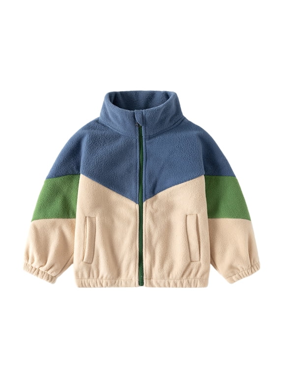 Toddler Boy Fleece Jacket Baby Boys Color Block Lightweight Zip up Long Sleeve Hight Neck Jackets Winter Warm Coat Outerwear with Pockets Beige 5T