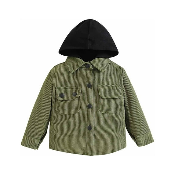 QUYUON Toddler Boys Corduroy Jackets Kids Long Sleeve Button-Down Shirts Patchwork Open Front Cardigan Jackets with Hood Blouse Tops Hoodies Sweatshirts Outerwear Coat Q-33-Green 3T-4T