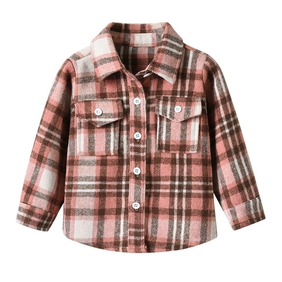 QUYUON Toddler Flannel Shirt Baby Boy Girl Lapel Neck Long Sleeve Collared Plaid Shirt Open Front Button-Down Cardigan Jackets with Pockets Kids Winter Coats Q-36-Pink 6-12 Months