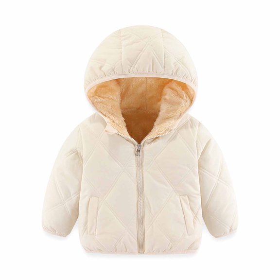 QUYUON Toddler Girl Jacket Clearance Long Sleeve Puffer Jacket Toddler Baby Boys Girls Fall Winter Cotton Padded Jacket with Velvet Lining Hooded Zipper Jacket Coat Beige 5T-6T