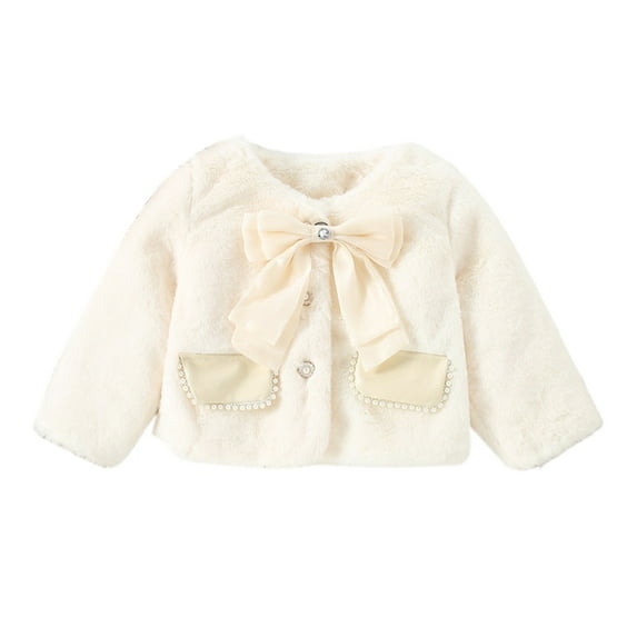QUYUON Toddler Girls Fleece Jacket - Baby Girls' Long Sleeve Fleece Lined Jackets for Elegant Thicken Warm Winter Coat Outerwear with Pockets Kids Button-Down Shirts White 5T