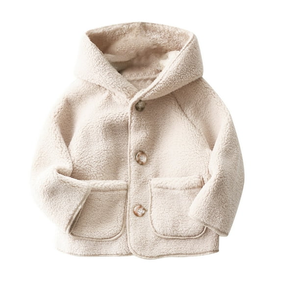 QUYUON Toddler Girls Fleece Jackets with Hood Baby Boys Girls Soft Lightweight Button-Down Cardigan Jacket with Pockets Thicken Warm Winter Coat Outerwear White 4T