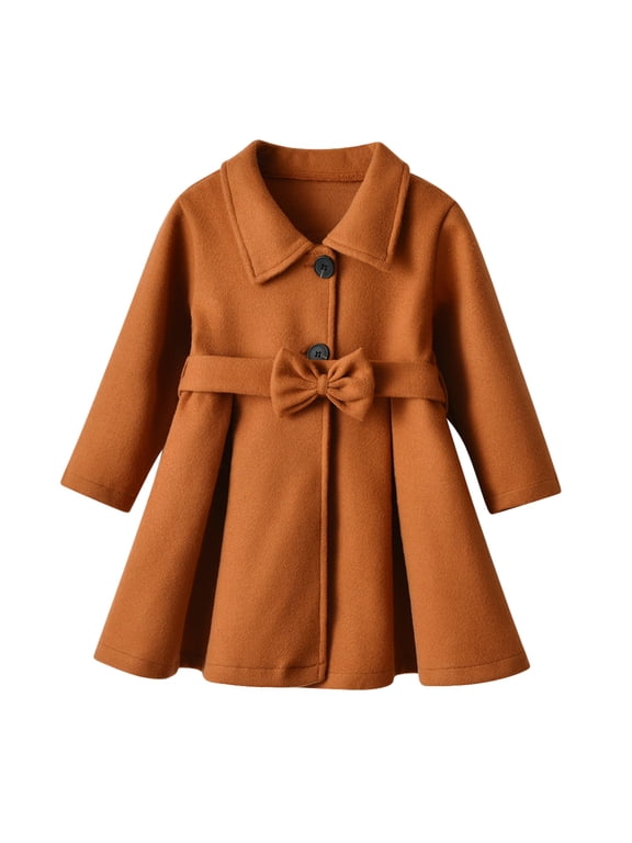 Toddler Girls Peacoat Kids Long Sleeve Collared Neck Open Front Cardigan Jackets Warm Winter Coats Outerwear with Belted Brown 4T