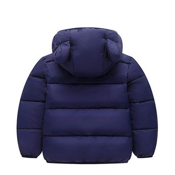 QUYUON Toddler Winter Down Coats Kids Baby Boys Girls Padded Puffer Jacket with Pockets Lined Fleece Full Zip Long Sleeve Down Jackets Windproof Snowsuit Hoodie Down Jacket Dark Blue 6-12 Months