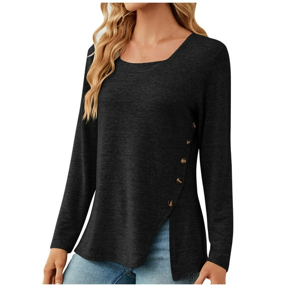 QUYUON Tunic Sweatshirt Winter Women's Long-Sleeve Fleece Sweatshirt Polyester Long Sleeve Crew Neck Solid Tunic Tops Style S-2979 Stretch Athletic Sweatshirts Ladies Straight Fit Shirts Black XL