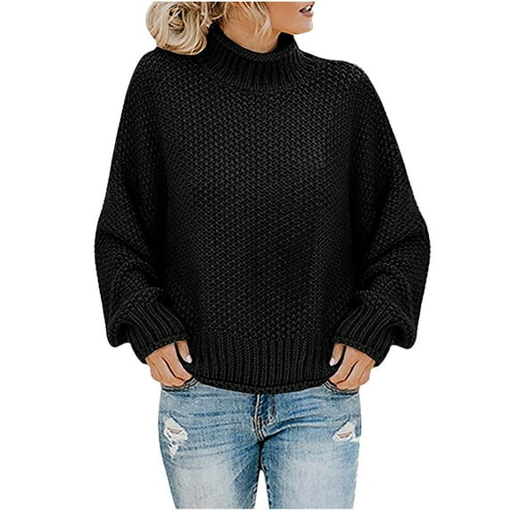 QUYUON Turtle Neck Sweaters for Woman Womens 2023 Winter Fall Turtleneck Long Sleeve Knitted Pullover Sweaters Women's Solid Color High Neck Cable Knit Sweater Outerwear Womens Sweaters Y-2 Black 3XL