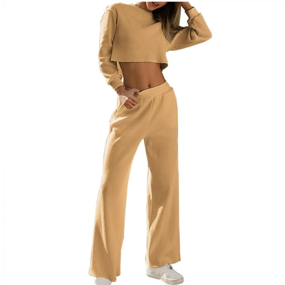 QUYUON Two Piece Outfits Women Cropped Sweatshirt Set Casual Long Sleeve Crew Neck Pullover Crop Tops Wide Leg Pants 2 Piece Outfits Lounge Sets Khaki XL