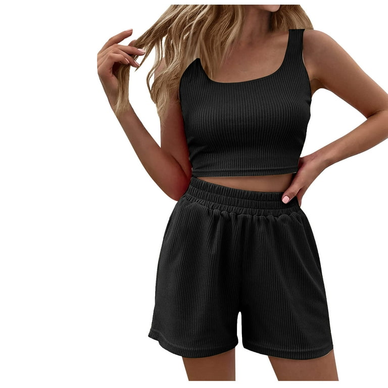 QUYUON Two Piece Outfits for Women Going out Workout Outfits for Women 2  Piece Summer Sleeveless Round Neck Ribbed Crop Tops Elastic High Waisted  Shorts Sets Yoga Sports Bra Exercise Set 
