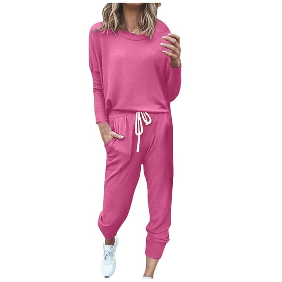 QUYUON Two Piece Outfits for Women Pants Suit Lounge Sets for Women 2 Piece Fall Outfits 2023 Fashion Long Sleeve Crew Neck Sweatsuits Tracksuits with Pockets Loose Winter Pajama Set Y-1 Hot Pink XL