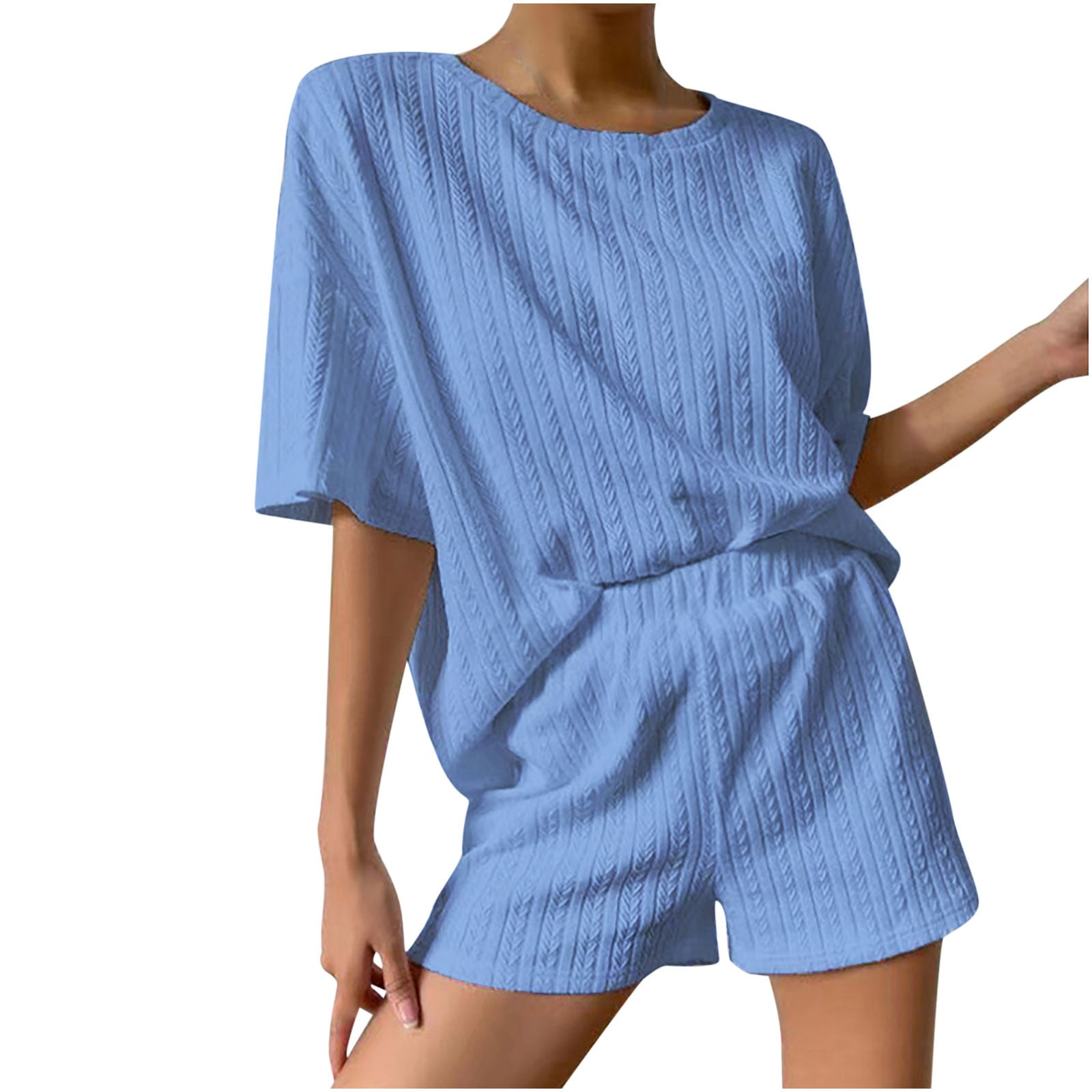 Blue Stripe Striped Ribbed Cotton Two-Piece Short Set with Chest Patch Detail