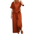 thumbnail image 1 of QUYUON Two Piece Outfits for Women Summer 2 Piece Linen Set Casual Loose Short Sleeve Crew Neck Tops Cropped Wide Leg Pants Two Piece Lounge Sets Matching Outfits Style TW-10 Red-A 4XL, 1 of 4