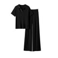 thumbnail image 1 of QUYUON Two Piece Outfits for Women Summer Short Sleeve Collared V-Neck Tops and Wide Leg Pants 2 Piece Lounge Sets Solid Color Ribbed Knit Shirts Matching Set Black One Size, 1 of 4