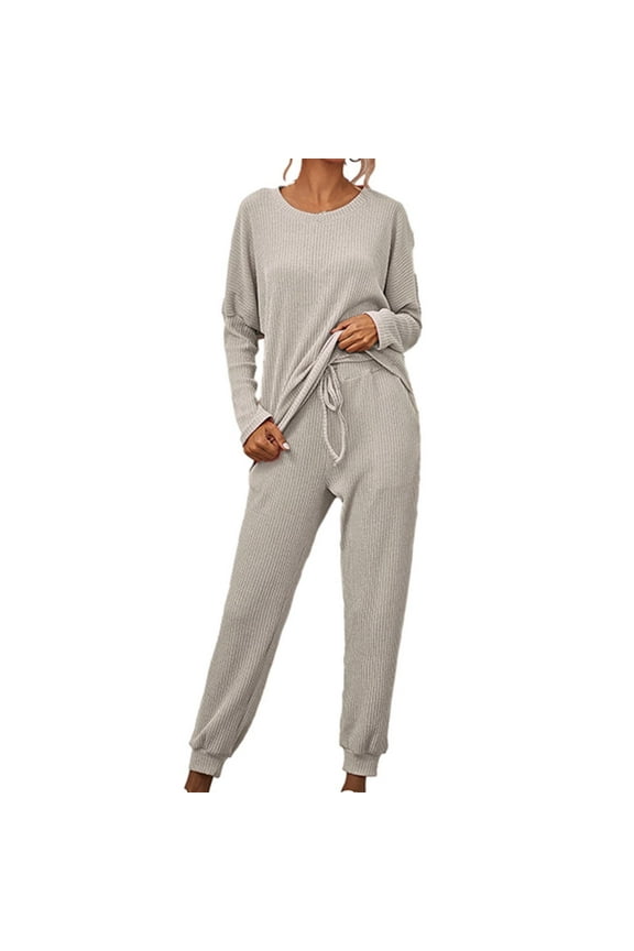 Two Piece Outfits for Women Winter Ribbed Knit Sweater Sets Women 2 Piece Outfits Long Sleeve Pullover Tops Sweatshirt with Jogger Pants Sets Women's Tracksuits Pajama Sets Loungewear Gray M