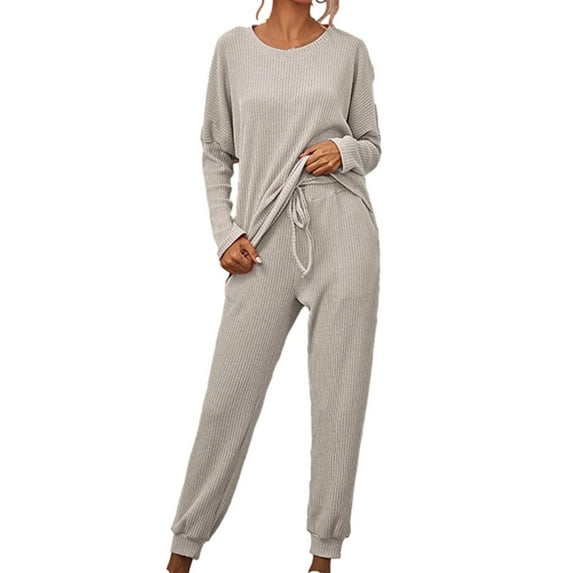 QUYUON Two Piece Outfits for Women Winter Ribbed Knit Sweater Sets Women 2 Piece Outfits Long Sleeve Pullover Tops Sweatshirt with Jogger Pants Sets Women's Tracksuits Pajama Sets Loungewear Gray XL