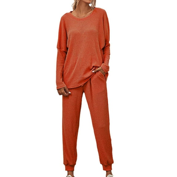 QUYUON Two Piece Outfits for Women Winter Ribbed Knit Sweater Sets Women 2 Piece Outfits Long Sleeve Pullover Tops Sweatshirt with Jogger Pants Sets Women's Tracksuits Pajama Sets Loungewear Orange L