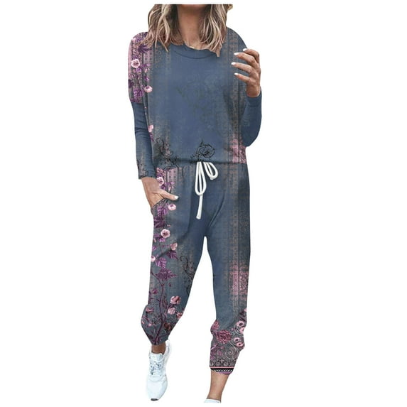 QUYUON Two Piece Sets for Women Fall Sweatsuits Women's Floral Print Two Piece Outfit Jogger Sweatpants Sets Long Sleeve Crewneck Pullover Tops and Long Pants Tracksuit Sweatsuit Set Y-2 Blue M