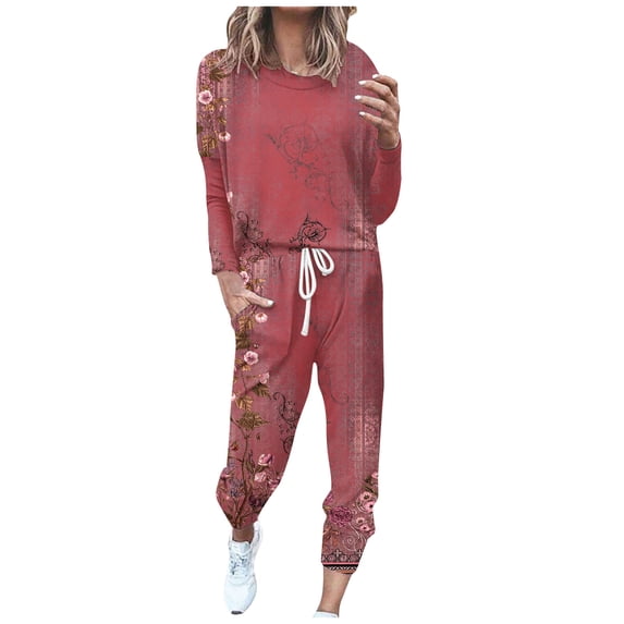 QUYUON Two Piece Sets for Women Fall Sweatsuits Women's Floral Print Two Piece Outfit Jogger Sweatpants Sets Long Sleeve Crewneck Pullover Tops and Long Pants Tracksuit Sweatsuit Set Y-2 Red XL
