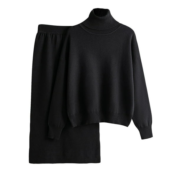 QUYUON Two Piece Skirt Set Women 2 Piece Outfits Winter Warm Turtleneck Long Sleeve Sweater Tops Sweatsuits Sets Casual Knitted Sweater Midi Skirts Sets Black One Size