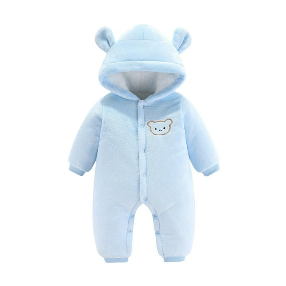 QUYUON Unisex Baby Fleece Jumpsuits Infant Baby Boy Girl Thicken Warm Hooded Romper Snap Closure Lightweight Long Sleeve Fleece Bodysuits Fall Winter Outfits Clothes Light Blue 12 Months