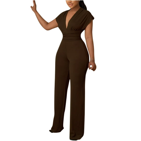 QUYUON Warm Pants for Women Fashion Casual Cold Shoulder Jumpsuit Suspender Jumpsuits Wide Leg Pant Loose Trousers with Pochets Brown L