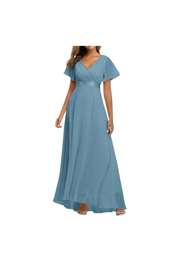 Wedding Guest Dresses for Women Cocktail Dresses for Women Evening Party Elegant Formal Maxi Dress Summer Casual Backless V-Neck Short Sleeve A-Line Long Gown Style D-2668 Light Blue XXL