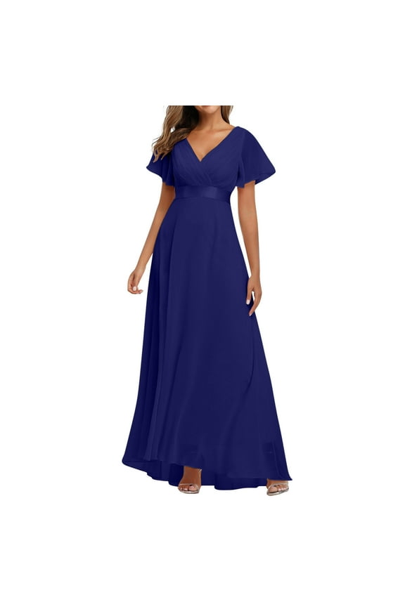 Wedding Guest Dresses for Women Cocktail Dresses for Women Evening Party Elegant Formal Maxi Dress Summer Casual Backless V-Neck Short Sleeve A-Line Long Gown Style D-2660 Blue M