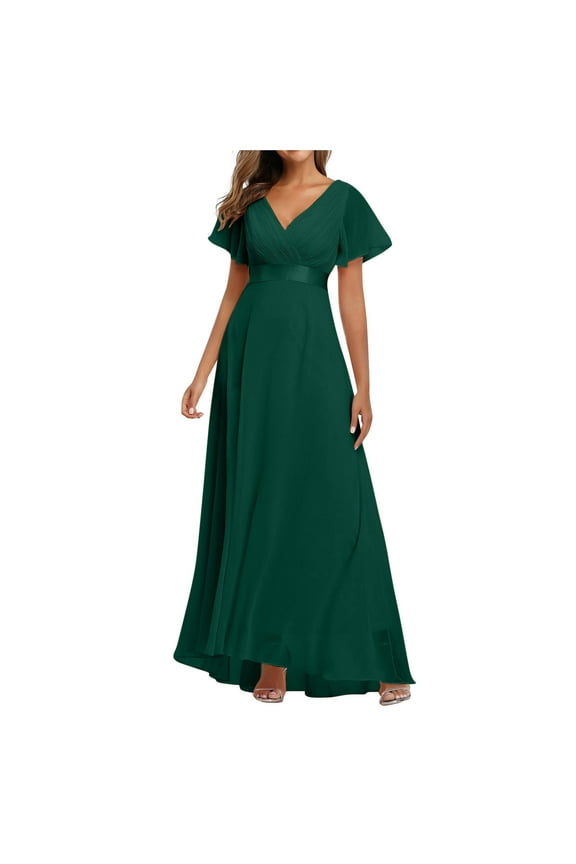Wedding Guest Dresses for Women Cocktail Dresses for Women Evening Party Elegant Formal Maxi Dress Summer Casual Backless V-Neck Short Sleeve A-Line Long Gown Style D-2679 Green S