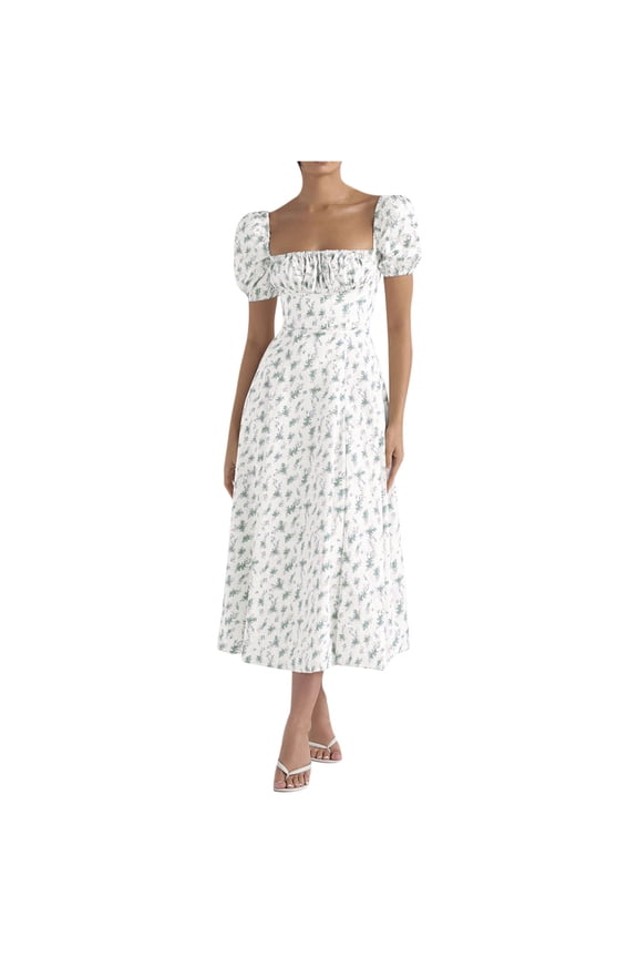 Wedding Guest Dresses for Women Midi Length Casual Dress Floral Print Summer Side Split Square Neck Short Sleeve Dress Pleated A-Line Cocktail Party Mid-Length Dress Style D-4427 Mint Green L