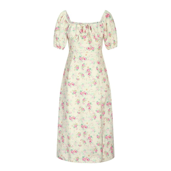 QUYUON Wedding Guest Dresses for Women Midi Length Casual Dress Floral Printed Summer Side Split Square Neck Short Sleeve Dress Pleated A-Line Cocktail Party Mid-Length Dress Style D-4430 Yellow M