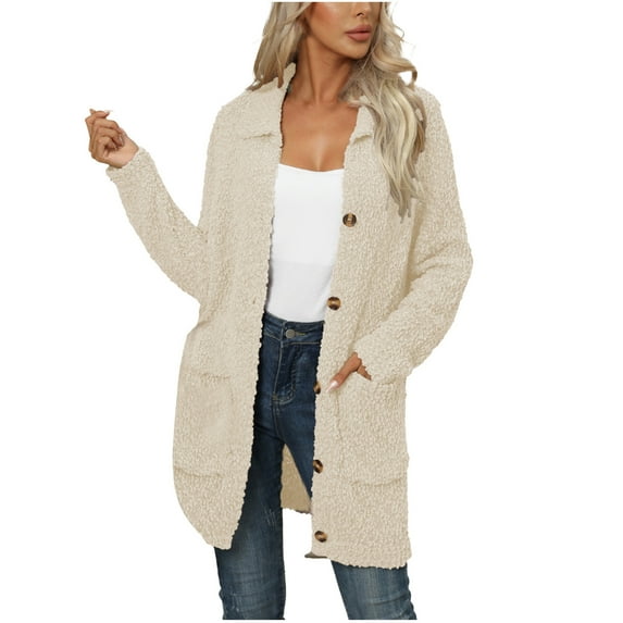 QUYUON Western Cardigans for Women Discount Long Sleeve Fall Cardigans for Women Plus Size Womens Cardigan Sweaters Pockets Cardigan Jacket Style Q-11884 Winter Knit Sweater Outerwear Coat Beige S