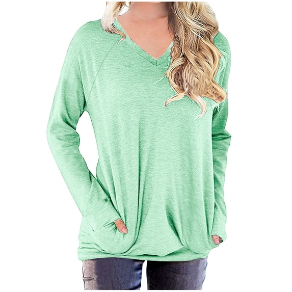 QUYUON Western Sweatshirts for Women Deals Long Sleeve Sweatshirt Tops Women Polyester Long Sleeve V-Neck Solid Tunic Tops Style S-716 Lightweight Lightweight Sweaters Ladies Shirts Sky Blue M