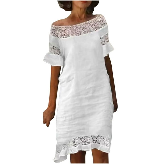 QUYUON White Dress for Women Off the Shoulder Knee Length Dress Floral Lace Mesh Short Sleeve Evening Party Off Shoulder Dresses Wedding Guest Dress Ruffle Hem Tunic Dress Style D-8259 White L