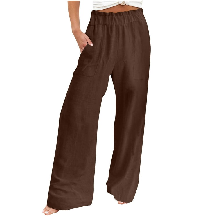 QUYUON Wide Leg Linen Pants for Women Summer High Waisted Cotton Linen Long  Lounge Pants with Pockets Elastic Waist Pull on Pants Casual Loose Straight  Wide Leg Pants Trousers Brown 