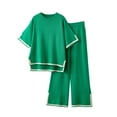 thumbnail image 1 of QUYUON Wide Leg Pants Sets Women 2 Piece Summer Outfits Crew Neck Short Sleeve Pullover Tops Elastic Waist Pants Side Split Sweater Sets Color Block Matching Sets Loungewear Green One Size, 1 of 4