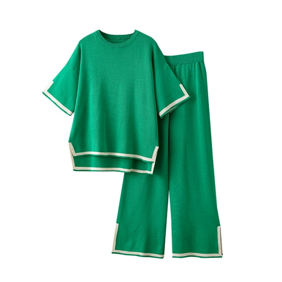 QUYUON Wide Leg Pants Sets Women 2 Piece Summer Outfits Crew Neck Short Sleeve Pullover Tops Elastic Waist Pants Side Split Sweater Sets Color Block Matching Sets Loungewear Green One Size